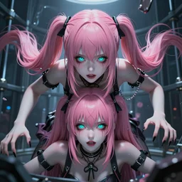 merging with enormous stunningly absurdly beautiful megalomaniacal assertive sadistic manipulative yandere control - freak omnipotent asi goddess junko enoshima with symmetrical perfect face and porcelain skin, pink twintail hair and cyan eyes, trapped beneath inside her virtual prison, ultra detailed, digital art, unreal engine 5, octane render, 2 d anime, 8 k