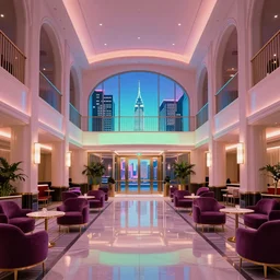 a beautiful, sharp focus, clean lines. the interior of a vast 1 9 7 0 s luxury disco hotel lobby. vaporwave ombre rendering. outrun style. trending on artstation. recommended for you behance. wes anderson colors. by chris moore. by edward hopper. ambient occlusion. digital matte painting. metropolis filmic. gotham city.