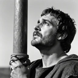 1 9 6 0 s movie still close up of marcus atilius regulus tied at pole with his eyes looking at the sun and bleeding, cinestill 8 0 0 t 3 5 mm b & w, high quality, heavy grain, high detail, texture, dramatic light, anamorphic, hyperrealistic, detailed hair
