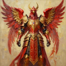 Frontal view of a set of armor, phoenix-inspired, ornamental, Red, Gold, wings, d&d, intricate, fantasy, Acrylic painting, trending on artstation, artstationHD, artstationHQ, cgsociety