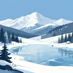 Snowy landscape with mountains in the distance and a frozen lake, vector art