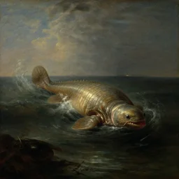 anomalocaris swimming at tempestuous sea, rembrandt baroque painting, dutch golden age painting, mysterious, ambient light, dramatic light, soft colours, oil on canvas