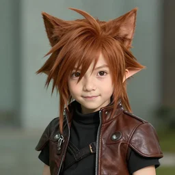 beautiful portrait of catboy from final fantasy xiv wearing a leather outfit, around 1 8 years old, mid - long hairs, brown redhead, freckles, subtle smile, by square enix
