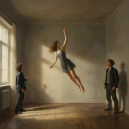 concept art, a girl floating in the middle of the room in the lights and shadows trying to grab her, realistic shaded lighting poster by ilya kuvshinov, magali villeneuve, artgerm, jeremy lipkin and michael garmash and rob rey