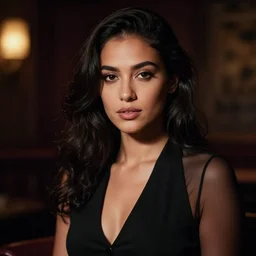 candid photographic portrait of a mixed young woman wearing all black inside a hidden speakeasy, closeup, brutalist, sigma 85mm f/1.4, 4k, depth of field, high resolution, 4k, 8k, hd, full color