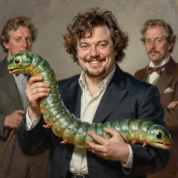 jack black holding a giant worm, highly detailed painting by gaston bussiere, j. c. leyendecker, greg rutkowski, craig mullins 8 k