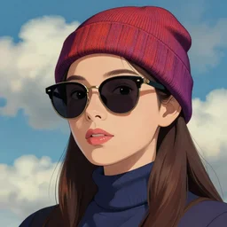 glamor portrait, young female model, electric sunglasses, beanie, turtleneck, cloudy background, intricate detailed hyperrealistic luminescent matte painting by mandy jurgens and studio ghibli, bold colors, artstation