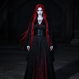 award winning professional cosplay photo of a beautiful female sith warrior with smooth porcelain white skin and long flowing red hair, dark red tattoos, wearing black robes with dark red highlights, dark shadowy gothic aesthetic, cinematic full body portrait, centered composition, detailed, cinematic lighting, moody, nighttime, very dark
