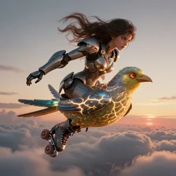 biblical shy beautiful female mecha mage android on a dumb bird, jump, rollerblades, heavy eyes to the side, closeup, bright glowing veins, in clouds, sunset, portrait, by gerald brom, by mikhail vrubel, by peter elson, muted colors, extreme detail, reflections, trending on artstation, 8 k