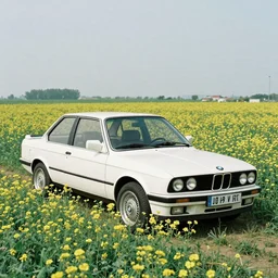 a white bmw e30 parked in a flower field, wes anderson film,