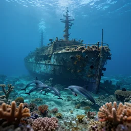 underwater shipwreck surrounded by coral and dolphins, shallow depth of field, moody lighting, 8 k, concept art,