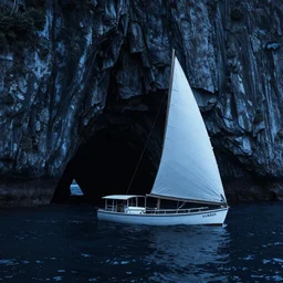 photorealistic blue - toned photo of a 1 9 2 5 bay boat sailing near a jamaican cliff with the mouth of a sea cave at the waterline, dark, brooding, atmospheric, lovecraft, horror, smooth, epic, highly detailed, cinematic
