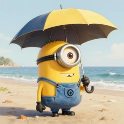 an epic painting minion with umbrella at the beach, pencil drawing, perfect composition, golden ratio, beautiful detailed, photorealistic, digital painting, concept art, smooth, sharp focus, illustration, artstation trending, octane render, unreal engine