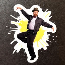 die cut sticker, walter white in a dancing pose, splatter paint