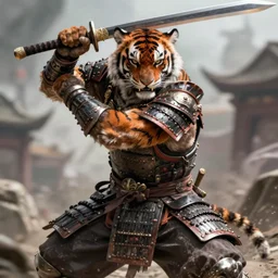 very hostile very angry realistic detailed semirealism tiger man wearing samurai armor. Tiger_character, tiger_beast, 獣, FFXIV, iconic character splash art, angry character wielding a sword, sword, katana, blurred background tiltshift, muscular scary brute, MMOrpg, dramatic cinematic Detailed fur, detailed metal textures, 4K high resolution quality artstyle professional artists WLOP, Aztodio, Taejune Kim, Guweiz, Pixiv, Instagram, Artstation