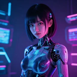 beautiful japanese cyborg with digital led skin, neon lighting, techno neon projector background, portrait photo, octane render
