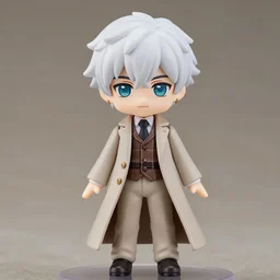 nendoroid aziraphale from good omens, good omens tv series, white curly short hair, beige suit, long coat, brown tartan vest, michael sheen