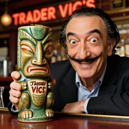 a closeup photorealistic photograph of happy salvador dali at trader vic's bar sitting next to a trader vic's style tiki mug featuring the face of salvador dali. tiki culture. bright scene. 4 k hd image that's trending on artstation, featured on behance, well rendered, extra crisp, features epic composition and the style of unreal engine.