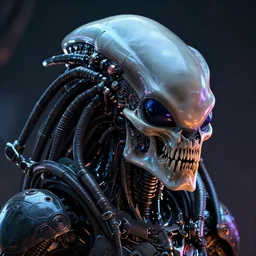 cyberpunk alien portrait headshot, hyper realistic shiny textures 8 k, alien vs predator skull, elongated head, intricate details, fluorescent glow, science fiction space horror, halloween, unreal engine, mechanical futuristic technology, dark, heavy shading, depth of field