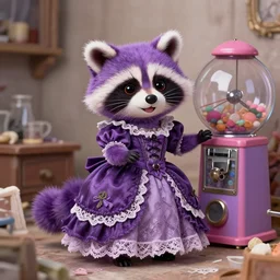 adorable perfect 3 d purple littlest pet shop purple raccoon, vintage gothic gown, gumball machine, lots of purple fur, smiling, lace, cluttered diorama, master painter and art style of noel coypel, art of emile eisman - semenowsky, art of edouard bisson