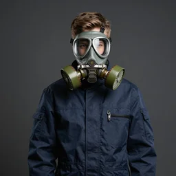 teenager wearing a boiler suit and a futuristic gas mask