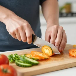 a cyclops cutting vegetables in her kitchen