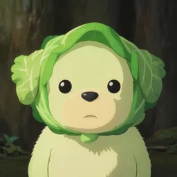 cute cabbage dog, symmetrical portrait, clear facial features, character concept art, call of the wild, fantasy, rembrandt lighting, mood lighting, cinematic shot, closeup view, by miyazaki hayao and rinotuna, rendered in cinema 4 d, japanese manga style