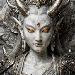 naraka buddhist demon korean female, highly detailed, symmetrical long head, golden amber blood eyes, smooth marble surfaces, detailed ink illustration, raiden metal gear, cinematic smooth stone, deep aesthetic, concept art, post process, 4 k, carved marble texture and silk cloth, latex skin, highly ornate intricate details, in the style of 8 8 grzes
