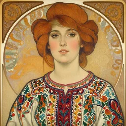 portrait of a beautiful young woman, skin covered in Hungarian Embroidery, by Mucha, by Caravaggio