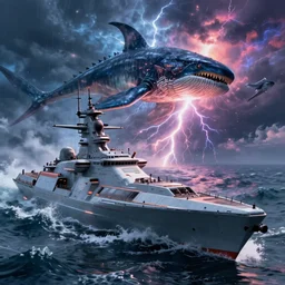 a semi futuristic warship being attacked by a Leviathan while in the stormy chaotic ocean, octane render, cinematic, epic, lightning, colorful