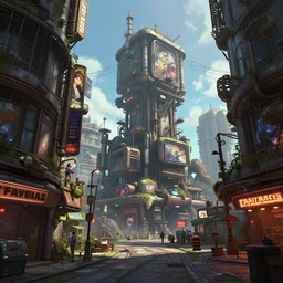 a industrial STEAMPUNK CITY Street scenery in the FAVELAS, signs, billboards and cable Connecting MULTI LVL BUILDINGS, rendered in the style of tekkon kinkreet, by Beeple, Makoto Shinkai, syd meade, environment concept, digital art, starwars, unreal engine, 3 point perspective, WLOP, trending on artstation, low level, 4K UHD image, octane render,