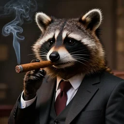 a racoon wearing a suit smoking a cigar, dramatic lighting, cinematic, establishing shot, extremly high detail, photorealistic, cinematic lighting, artstation, style by James Gurney
