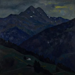 a dark landscape of switzerland mountains by egoon schiele,