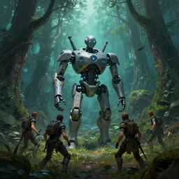 guerrillas reed - people surrounded robot in futuristic spiritual mystical post apocalyptic forest drawn by ron gilbert, dim painterly volumetric aquatic lighting, scenic, beautiful, crisp, artstation, highly detailed
