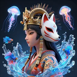 beautiful 3 d render of an isis goddess - profile portrait punk with mohawk + ram skull. beautiful intricately detailed japanese crown + kitsune mask and kimono. betta fish, jellyfish phoenix, bioluminescent plasma, ice, water, wind, creature, artwork by tooth wu, transcendent, vibrant color, clean linework, finely detailed, 4 k, trending on artstation, photorealistic, volumetric lighting, octane render