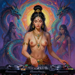 sublimely mystically attractive hindu female playing dj music show, barely clothed ishvara goddess. dragon born assassins of the mystic unity, future jewelry, little clothing, alien glyph tattoo, hindu piercings, psychedelic fractal background, illustrative character design, concept art, tales of earthsea, sky witch, colorful, matte painting, soft illumination, painting by gaston bussiere, craig mullins, j. c. leyendecker, tom of finland