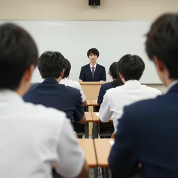 6 5 mm first - person view of the back of some adult college students at their desks facing the front of the class with big heads takato yamamoto