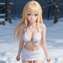 winter picture : a detailed very beautiful young blond anime girl, detailed sky blue eyes, bikini, white miniskirt, highly detailed, cinematic wallpaper by stanley artgerm lau