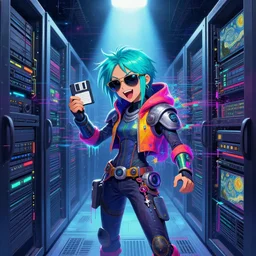 an angelic hacker with turquoise hair in vast cyberspace glitching through a vulnerable server, wearing sunglasses, holding a floppy disk, futuristic clothes, vibrant colors, rule of thirds, spotlight, drips of paint, expressive, passionate, by greg rutkowski, by jeremy mann, by francoise nielly, by van gogh, digital painting