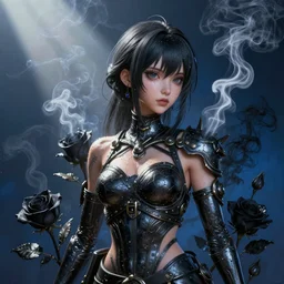 3 d, white and black smoke, sun rays, young mysterious ninja woman cute anime model, sweat skin, liquid black metal, black roses, poster art, high detail, intricate oil painting, multiple exposure, deep blue mood, hyperrealism, 3 d, by tooth wu and wlop and beeple and greg rutkowski, 8 k, extremely detailed