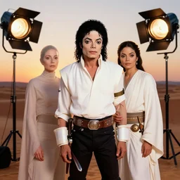 pre plastic surgery michael jackson, as luke sky - walker, with janet jackson as princess leia, studio lighting, star wars themed, beautiful tunisian desert at sunset, michael jackson is normal looking and handsome, not wearing any makeup