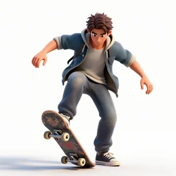 weathered skateboarder mid-trick, detailed 3d character render, full body, standing, isolated on a pure white background, centered, whole figure in frame, sharp focus, studio lighting
