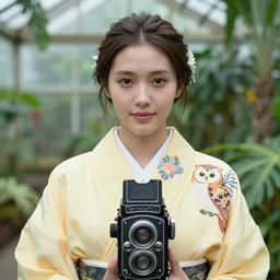 portrait photograph of beautiful!!!! young female model, symmetric face!!, symmetric eyes!!, slight smile!, natural light, wearing a yellow kimono with a very detailed barn owl!! on her shoulder!!! in a tropical greenhouse. looking at the camera!!. super resolution. Extremely detailed. Graflex camera!, bokeh!!.