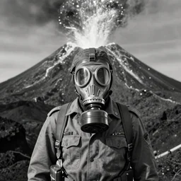 a soldier with a gas mask standing in front of an erupting volcano, vintage, professional photography, cinematic, black and white