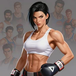 portrait of a beautiful muscular fitness model zarya from overwatch wearing boxing gloves and showing her abs and big pectorals, roided face, short black hair, elegant, art by stanley artgerm lau wlop rossdraws james jean andrei riabovitchev marc _ simonetti and sakimichan tranding on artstation