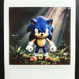 instax polaroid film still of a sonic the hedgehog blue swamp creature with fangs and claws, faded glow, creepypasta