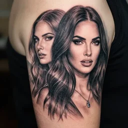 double exposure tattoo design sketch of megan fox and beautiful mountains, surrealism tattoo, in the style of matteo pasqualin, amazing detail, sharp