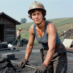 A long-shot , color outdoor photograph portrait of a muscular miner woman woking in the mine, summer, day lighting, 1990 photo from photograph Magazine.