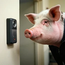 man with the face of a pig staring into a ring doorbell camera