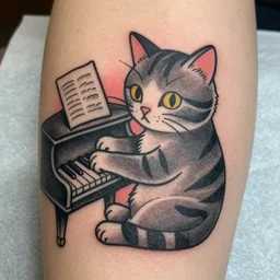 cat playing piano tattoo